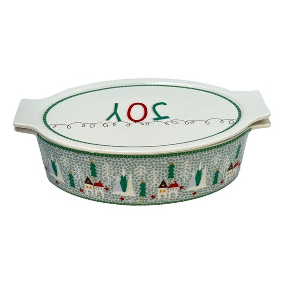 Graces Bake Shop JOY Oven Safe Oval Casserole Lidded Baker Christmas Village - Picture 2 of 12